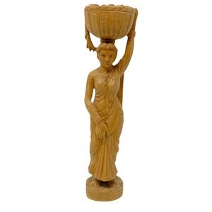 Vtg Honey Oak Hand Carved Indian Woman Basket on Head Figurine 9.25" Souvenir